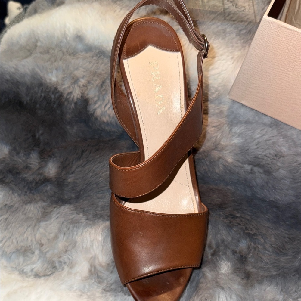 Prada Women's Brown Leather Wedge Sandals w/ Prada Box - Picture 2 of 12